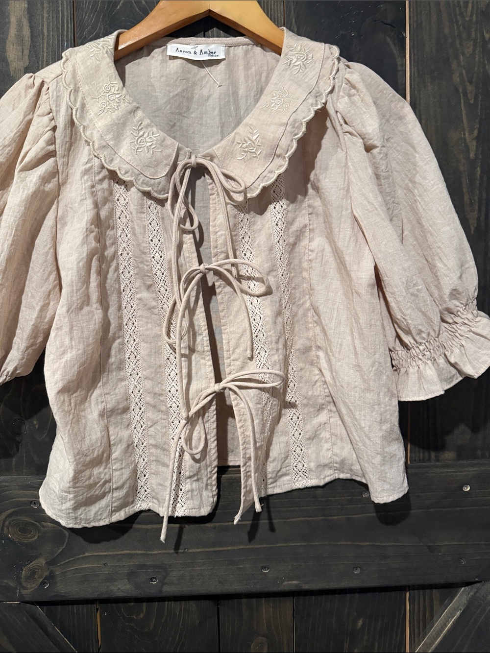 Aaron & Amber Cream Lace-Trim Tie-Front Blouse